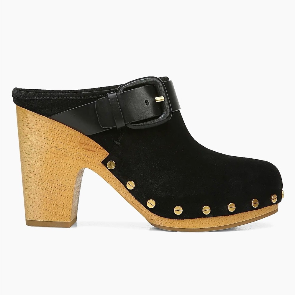 Veronica Beard Black Suede Studded Wooden Clog Mules